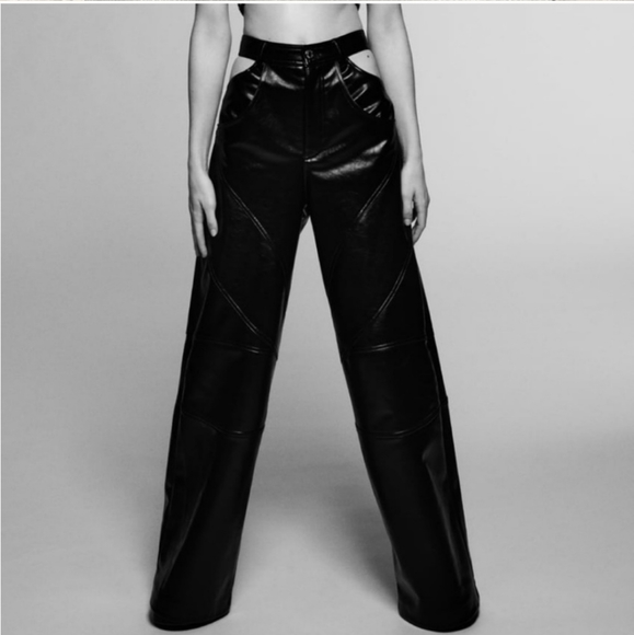 Zara * Faux Leather Cut Out Wide Pants Black size XS - Picture 4 of 16